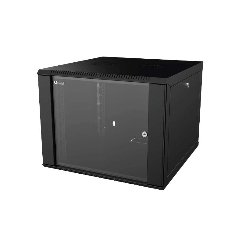 NITROTEL- Gabinete de Pared 6U, una sola seccion, 530 x 450, lados removibles, puerta de vidrio templado, incluye 1 ventilador, Acabado con pintura electroestatica